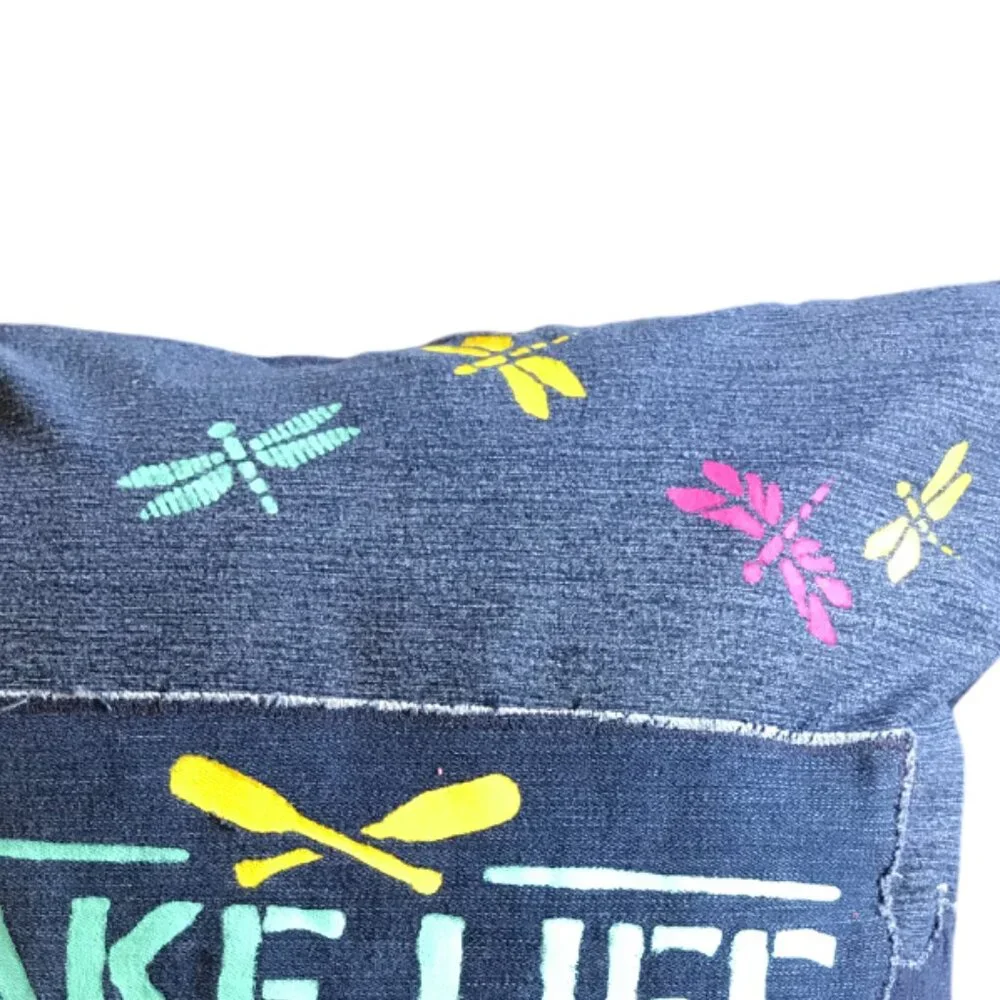 Lake House Pillow Cover 18 x 18, Lake Life Theme Cabin Decor Waves Dragonflies
